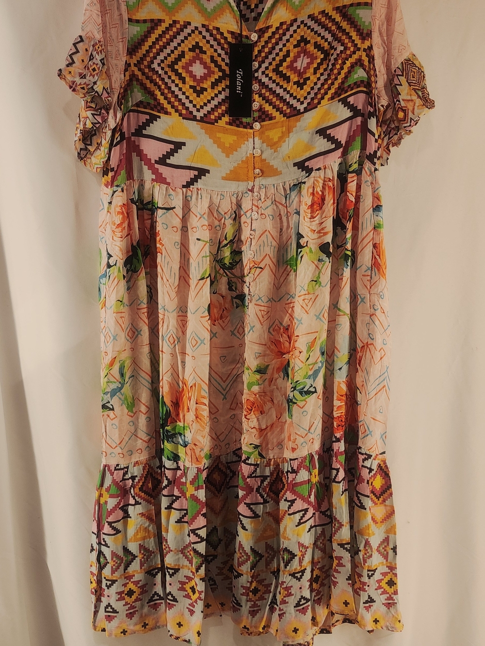 Tolani Multicolor Midi Dress with Floral and Geometric Print with Pockets